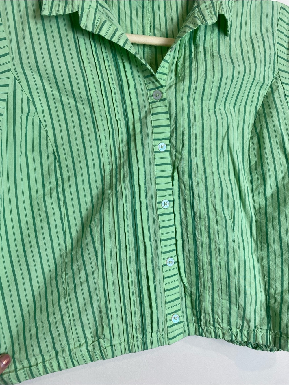 Maeve Collared Shrunken Button Down Blouse in Green Striped Size Large - Picture 5 of 7